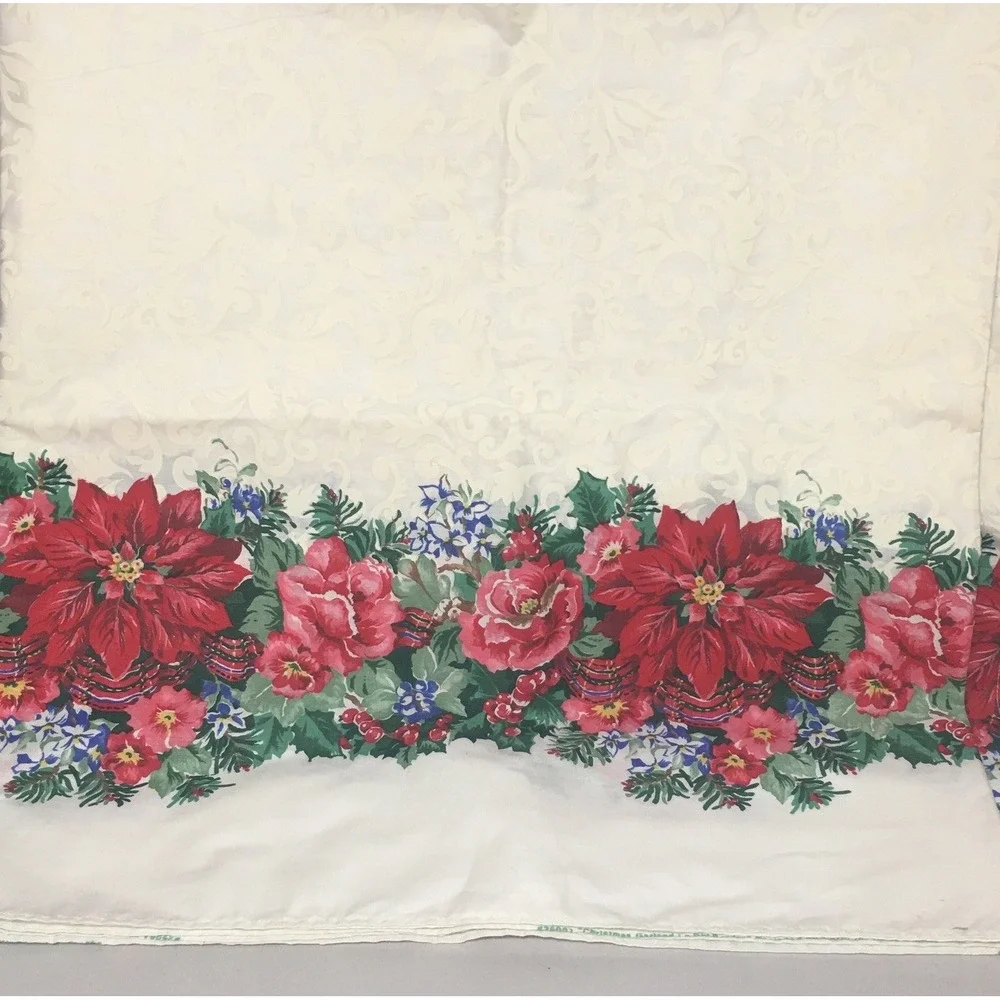 Vintage Christmas Poinsettia Border Rectangle Tablecloth 1995 80